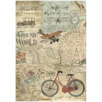 BICYCLE map Around the World Rice Paper - Rispapper med karta och cykel från Stamperia A4