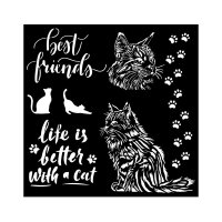 BEST FRIENDS Orchids and Cats Thick Stencil Schablon med katter från Stamperia 18x18 cm