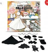 CAMPOUT MAGIC die set - Stansmallar med campingtema från AALL & Create olika storlekar... 9,9 cm x 7,1 cm till den minsta på 1,9