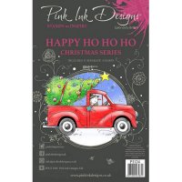 Happy ho ho ho Christmas clear stamp set - Stämpelset med snögubbe i bil med gran från Pink ink design A5