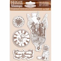 Lady Vagabond flying ship cat clock and steampunk rubber stamp set from Stamperia 14x18 cm