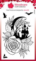 Moon & Rose Clear Stamp set Halloween - Stämpelset med måne, ros, spökhus m m från Woodware A6