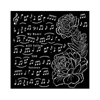 Precious Thick Stencil 18x18 cm Music and Peony - Schablon med blomma och noter från Stamperia