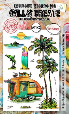 Caravan Palmeraie clear stamp set - Stämpelset med tropisk husvagnssemestertema från AALL & Create A6