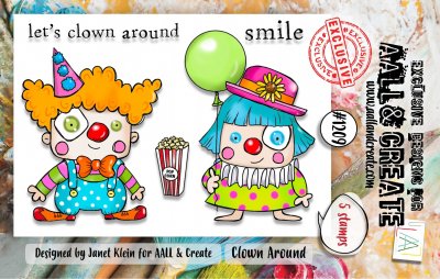 1209 CLOWN AROUND circus clear stamp set - Stämpelset med clowner från AALL & Create A7