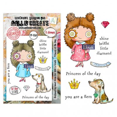 PRINCESS OF THE DAY with dog clear stamp set - Stämpelset med flicka och hund från AALL & Create A7
