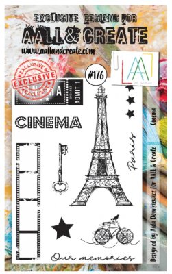#176 Cinema clear stamp set - Stämpelset med eiffeltorn- och biotema från Aida D AALL & Create A6