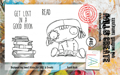 #415 Good book girl clear stamp set - Stämpelset med flicka som läser i en bok från AALL & Create A7