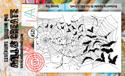 #572 Spooky sky spider web bat clear stamp - Stämpel med fladdermöss och spindelnät från Bipasha BK AALL & Create A7