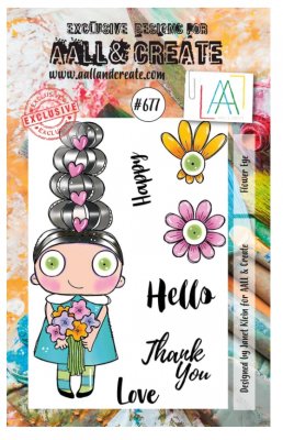 #677 Flower eye girl clear stamp set - Stämpelset med flicka, blomögon och texter från Janet Klein AALL & Create A7