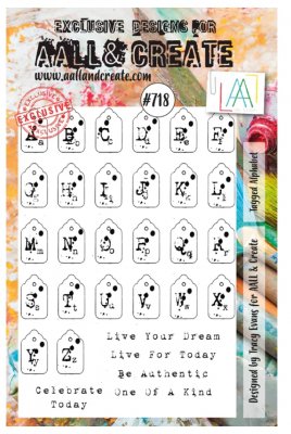 #718 Tagged alphabet clear stamp set from Tracy Evans AALL & Create A6
