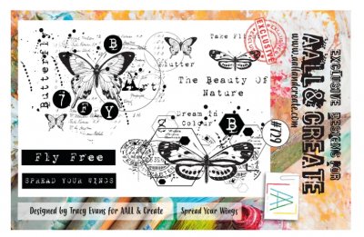 #729 Spread your wings butterfly clear stamp set - Stämpelset med fjärilar och textur från Tracy Evans AALL & Create A5
