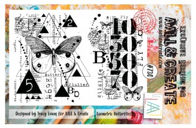 #730 Geometric butterflies clear stamp set - Stämpelset med fjärilar och siffror från Tracy Evans AALL & Create A5
