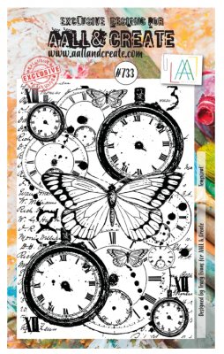 #733 Temporal Clocks and butterflies clear stamp from Tracy Evans AALL & Create A6