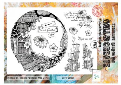 #773 Secret Garden clear stamp set from Dominic Philips AALL & Create A4