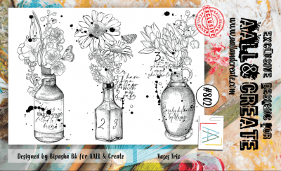 #802 VASES TRIO flower clear stamp set - Stämpelset med blomvaser från Bipasha BK AALL & Create A6