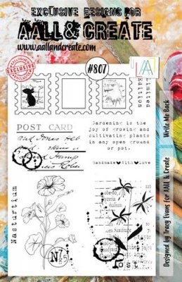 #807 WRITE ME BACK postage clear stamp set - Stämpelset med frankering m m från Tracy Evans AALL & Create A5