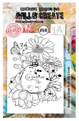 #841 LE PARFUM flower perfume clear stamp - Stämpel med blommor och parfymflaska från Bipasha BK AALL & Create A7