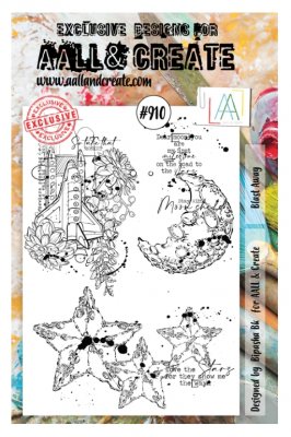 #910 BLAST AWAY rocket moon stars clear stamp set - Stämpelset med rymndentema från Bipasha BK AALL & Create A5