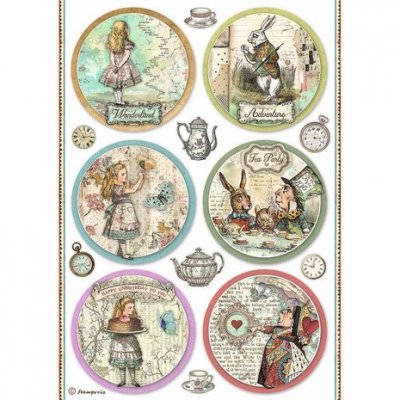 Alice Rice Paper Alice Rounds - 1 st rispapper med Alice i Underlandettema från Stamperia A4