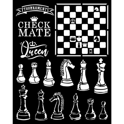 Alice Check Mate stencil - Schablon med schacktema från Stamperia ca 20x25 cm