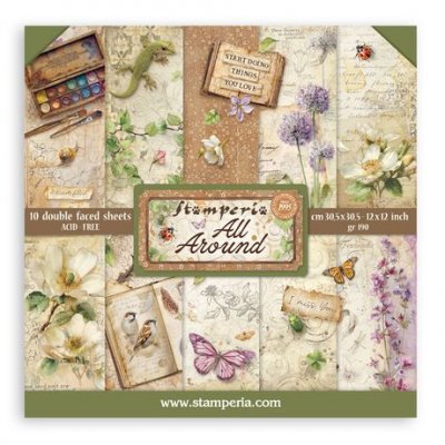 ALL AROUND pattern paper pack - Mönsterpapper med djur- och naturtema från Stamperia 30x30 cm
