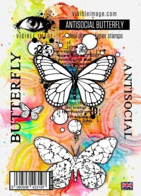 ANTISOCIAL BUTTERFLY clear stamp set - Stämpelset med fjäril från Visible image A6