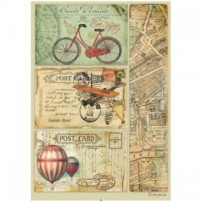 POST CARD Around the World Rice Paper - Rispapper med karta- och fordonsvykort från Stamperia A4
