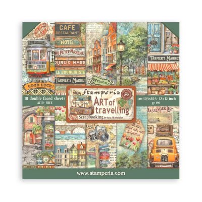 ART OF TRAVELLING paper pad 12x12 - Mönsterpapper med semestertema från Stamperia 30x30 cm