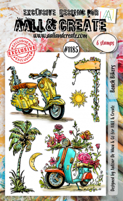 BEACH BIKERS clear stamp set - Stämpelset med strandentema skootrar från AALL& Create A6