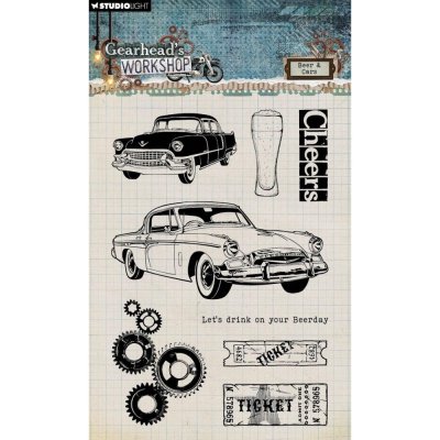 BEER AND CARS clear stamp set Gearheads's workshop - Stämpelset med öl- och biltema från Studio Light