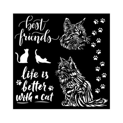BEST FRIENDS Orchids and Cats Thick Stencil Schablon med katter från Stamperia 18x18 cm