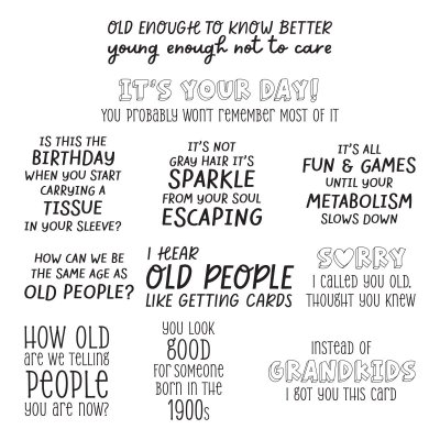 BIRTHDAY LAUGHS SENTIMENTS AGED TO PERFECTION clear stamp set - Engelska textstämplar med ålderstema från Spellbinders