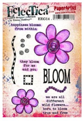 Bloom flower rubber stamp set - Stämpelset med blommor och engelska texter från Emma Godfrey PaperArtsy A5