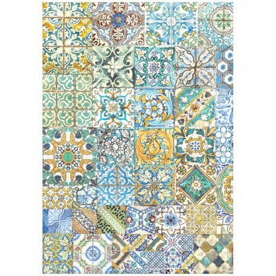 Blue Dream A4 Rice Paper Tiles - Rispapper med kakelmönster från Vicky Papaioannou Stamperia