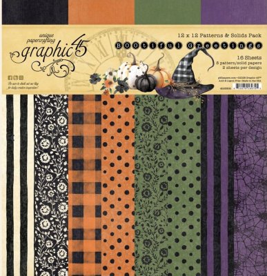 BOOTIFUL GREETINGS Halloween patterns and solids paper pack - Mönsterpapper från Graphic45 30x30 cm