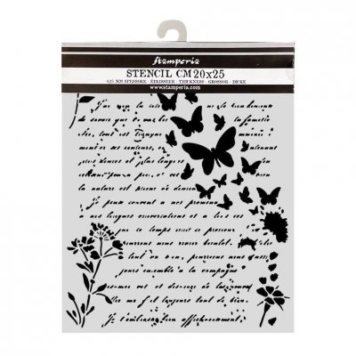 FLOWERS AND POEMS LETTER AND BUTTERFLIES STENCIL - Schablon med text och fjärilar från Stamperia 20x25 cm