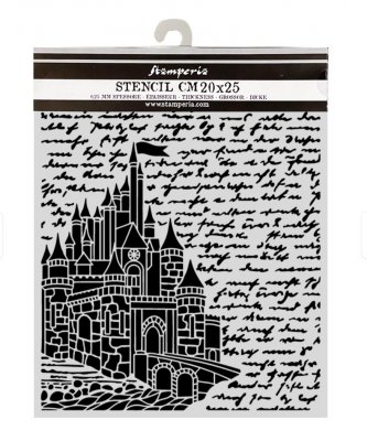 CASTLE + text wonderland stencil - Schablon med slott från Stamperia 20x25 cm