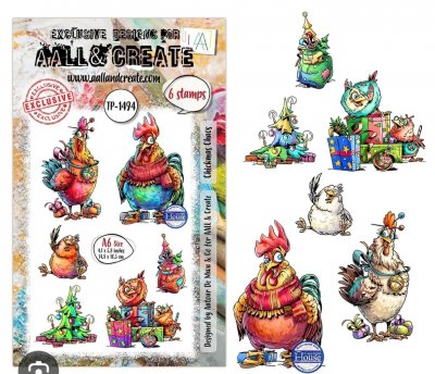 CHICKMAS CHAOS Christmas hen & rooster clear stamp set - Stämpelset med juliga hönsfåglar från AALL & Create A6