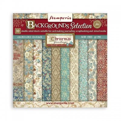 CHRISTMAS GREETINGS BACKGROUNDS paper pack 8x8 - Bakgrundsmönsterpapper från Stamperia 20x20 cm