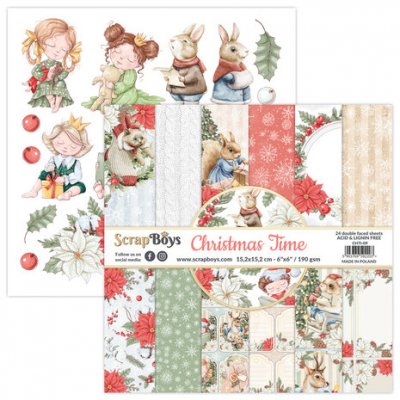 Christmas Time paperpad 24 vl+cut out elements-DS 6x6x190 gsm - Mönsterpapper med jultema från ScrapBoys 15x15 cm