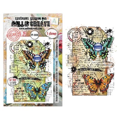 CHRONO-STAMPED TAG butterfly postage clear stamp - Stämpel med fjärilar och frankering från AALL & Create A7
