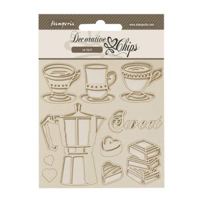 Coffee and Chocolate Decorative Chips Moka - Dekorationer med kaffe- och chokladtema från Stamperia 14x14 cm