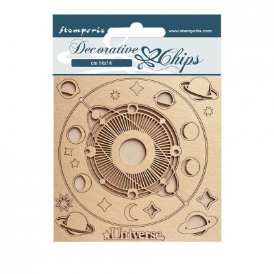 Cosmos Infinity Universe Decorative Chips - Dekorationer med universum och planeter från Stamperia 14x14 cm