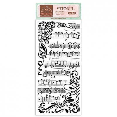 MUSIC Create happiness stencil - Schablon med noter och hörn från Vicky Papaioannou Stamperia 12x25 cm