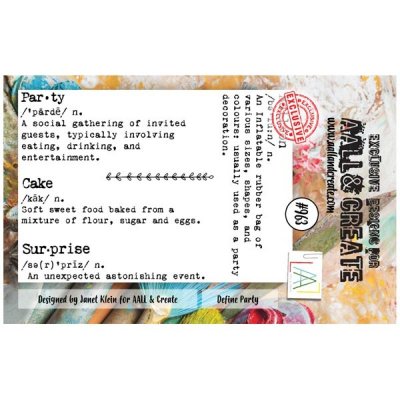 DEFINE PARTY text clear stamp set from Janet Klein AALL & Create A7