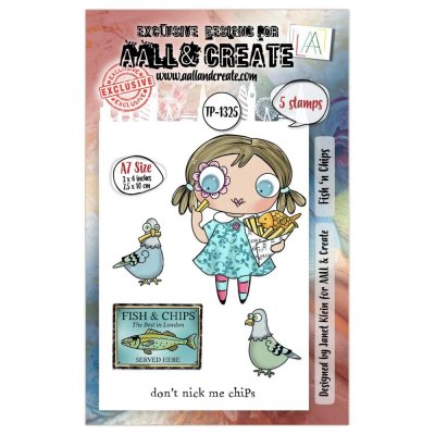 FISH 'N CHIPS girl with food Postcards from London clear stamp set - Stämpelset från AALL & Create A7