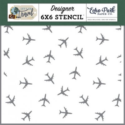 FLY AWAY airplane Stencil - Schablon med flygplan och resetema från Echo Park 15x15 cm
