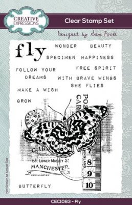 FLY butterfly collage celar stamp - Kollagestämpel med fjäril från Sam Poole Creative Expressions A6