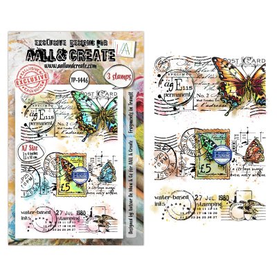 FRAGMENTS IN TRANSIT butterfly postage clear stamp set - Stämpelset med fjärils- och frankeringstema från AALL & Create A7
